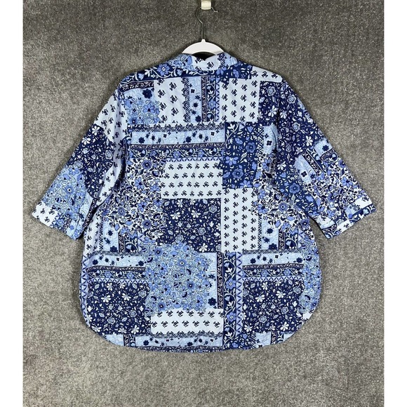 Woman Within 1/2 Sleeve V-Neck Floral Patchwork Popover Top Womens 18/20 Blue - Picture 2 of 14